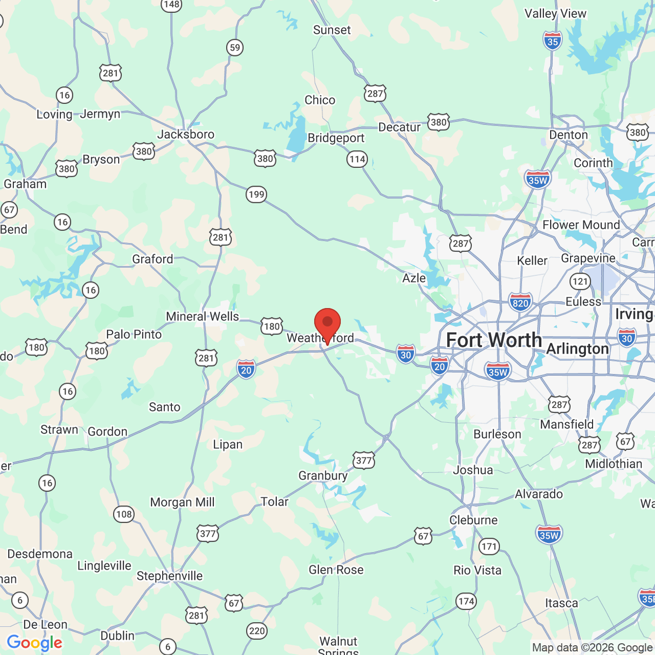 Google map image of our location in 1429 Clear Lake Rd Weatherford, TX